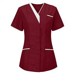 LuckyLucy Damen Pflege Schlupfkasack Kasack, Krankenpfleger Berufsbekleidung mit Taschen Kurzarm V-Ausschnitt T Shirts Tops Schönheitssalon Pflegeheim Kosmetikerin Nurse Uniformen, B-rot, S von LuckyLucy