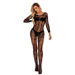 LuckyLucy Sexy Bodystocking für Damen Elastisch Babydoll Netz Catsuit Langarm Transparent Negligees Frauen Offenem Schritt Reizwäsche Ouvert Netzstrümpfe Erotisch Versuchung Dessous, I-schwarz von LuckyLucy