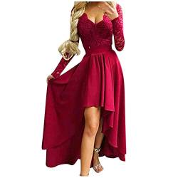 Abendkleider Damen Spitzen Elegant Cocktailkleid Tiefer V-Ausschnitt Lange äRmel KnöChellanges Spitzenkleid UnregelmäßIger Saum Vorne Kurz Hinten Lang Cocktailkleid A-Linie Flowy Partykleid von Luckywaqng