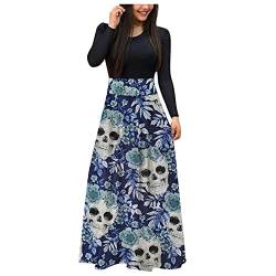 Luckywaqng Damen Maxikleider Halloween Totenkopf Drucken Crewneck Lange äRmel Bodenlang Partykleid Hohe Taille Tunikakleid Bedrucktes LäSsig Bequem Freizeitkleid Rockabilly Kleider Festkleider von Luckywaqng