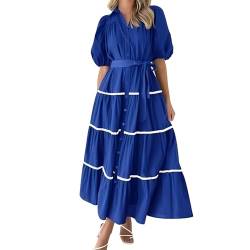 Sommerkleid Damen Lang Mit Knöpfen Partykleid Mode Streifen Wickelkleid V-Ausschnitt Laternenärmel Kurzarm Maxikleider High Waist Mit Strappy Abendkleid A-Linie Saum Kleider Tunikakleid Kleid von Luckywaqng