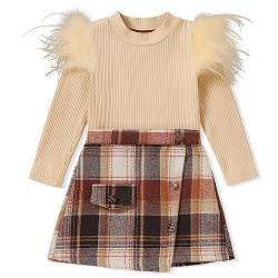 Lufebut Kleider für Mädchen Kleidung Set Langarm Top + Plaid Rock Kleinkind Babykleidung Baby Mädchen Frühling Herbst Bekleidungssets Aprikose 1-2 Jahre von Lufebut