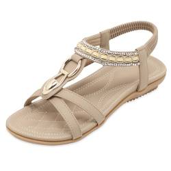 Lufebut Sandalen Damen Sommer Flache Freizeit Sandaletten Schuhe strand mit Weiches Fussbett Rutschfestem Bohemian Zehentrenner Aprikose, 39 EU von Lufebut