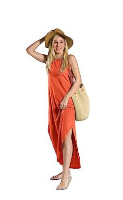 Lulsiyya Damen Casual Lose Sommerkleid Langes Kleid Ärmellos Split Maxi Kleider Sommer Strandkleid mit Taschen, Orange/Abendrot im Zickzackmuster (Sunset Chevron), Klein von Lulsiyya