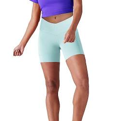 Lulucheri Radlerhose Damen V Cross Waist Kurze Sporthose Leggings Mit Taschen Sport Yoga Biker Shorts für Gym Training, Fitness, Alltag - 13cm(L, Kreide Blau) von Lulucheri