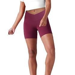 Lulucheri Radlerhose Damen V Cross Waist Kurze Sporthose Leggings Mit Taschen Sport Yoga Biker Shorts für Gym Training, Fitness, Alltag - 13cm(S, Magenta) von Lulucheri