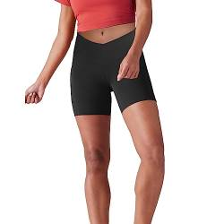 Lulucheri Radlerhose Damen V Cross Waist Kurze Sporthose Leggings Mit Taschen Sport Yoga Biker Shorts für Gym Training, Fitness, Alltag - 13cm(XL, Schwarz) von Lulucheri