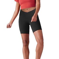 Lulucheri Radlerhose Damen V Cross Waist Kurze Sporthose Leggings Mit Taschen Sport Yoga Biker Shorts für Gym Training, Fitness, Alltag - 18cm(L, Schwarz) von Lulucheri