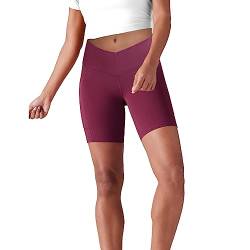 Lulucheri Radlerhose Damen V Cross Waist Kurze Sporthose Leggings Mit Taschen Sport Yoga Biker Shorts für Gym Training, Fitness, Alltag - 18cm(M, Magenta) von Lulucheri