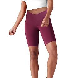 Lulucheri Radlerhose Damen V Cross Waist Kurze Sporthose Leggings Mit Taschen Sport Yoga Biker Shorts für Gym Training, Fitness, Alltag - 23cm(M, Magenta) von Lulucheri