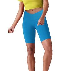 Lulucheri Radlerhose Damen V Cross Waist Kurze Sporthose Leggings Mit Taschen Sport Yoga Biker Shorts für Gym Training, Fitness, Alltag - 23cm(XL, Poolside Blau) von Lulucheri