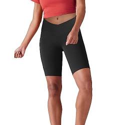 Lulucheri Radlerhose Damen V Cross Waist Kurze Sporthose Leggings Mit Taschen Sport Yoga Biker Shorts für Gym Training, Fitness, Alltag - 23cm(XL, Schwarz) von Lulucheri