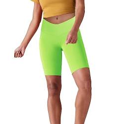 Lulucheri Radlerhose Damen V Cross Waist Kurze Sporthose Leggings Mit Taschen Sport Yoga Biker Shorts für Gym Training, Fitness, Alltag - 23cm(XXL, Lime Grün) von Lulucheri