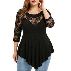 Lulup i Plus Size Spitzenbluse, langärmelig, Übergröße, Bluse, Rundhalsausschnitt, asymmetrisch, Oberteile, langärmelig, Blumen, Bestickt, Tunika, Dickes T-Shirt, elegant, festlich Tops, schwarz, von Lulup