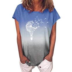 Lulupi Damen Baumwolle T-Shirt Blumen Rundhals Kurzarm Tops Sommer Bluse Lässiges Bedrucktes Tshirt Lose Longshirt Locker Lang Shirt (Blau,4XL) von Lulup