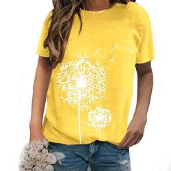 Lulupi Damen Baumwolle T-Shirt Blumen Rundhals Kurzarm Tops Sommer Bluse Lässiges Bedrucktes Tshirt Lose Longshirt Locker Lang Shirt (Gelb,XL) von Lulup