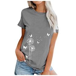 Lulupi Damen Kurzarm Sommer Shirt Pusteblume Schmetterling T-Shirt Elegant Kurzarmshirt Rundhals Tops Bedrucktes Casual Tshirt Bluse Oberteil von Lulup