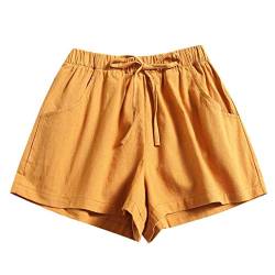 Lulupi Leinen Shorts Damen Leinenhose Kurze Hose Freizeithose Sommerhose Strand Hotpants Bermuda Locker Leicht Baumwollhose mit Schleife Taschen (Gelb,34) von Lulup