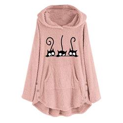 Lulupi Damen Pullover Teddy Fleece Hoodie Kapuzenpullover mit Katzenmotiv Fleecepullover Frauen Mädchen Kapuzenpulli Warm Pulli Jacke Sweatshirts von Lulupi