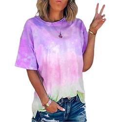 Lulupi T-Shirt Damen Bunt Batik Shirt Rundhals Kurzarm Bluse Oberteil Frauen Mode Farbverlauf Longshirt Sommer Tops Lang Oversize Tee Tshirt von Lulupi