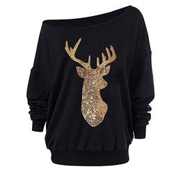 Lulupi Weihnachtspullover Damen Rentier Pullover Weihnachten Pailletten Bambi Elch Weihnachtspulli Sweatshirt Christmas Sweater Langarmshirt von Lulupi