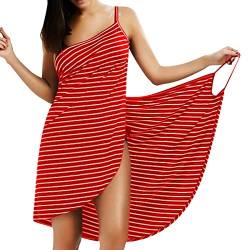 LumiSyne Strandkleider Damen Bikini Badeanzüge Cover Ups Ärmellos Wickelrock Sexy V Ausschnitt Strandponcho Mode Streifen Pareos Lose Stil Strandrock,Rot,M von LumiSyne