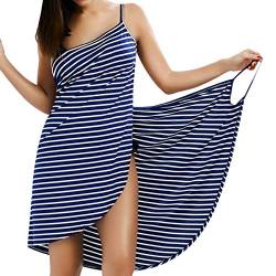 LumiSyne Strandkleider Damen Bikini Badeanzüge Cover Ups Ärmellos Wickelrock Sexy V Ausschnitt Strandponcho Mode Streifen Pareos Lose Stil Strandrock,Schmale Fransen Dunkelblau,5XL von LumiSyne