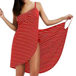 LumiSyne Strandkleider Damen Bikini Cover Ups Mode Streifen Badeanzüge Ärmellos Wickelkleid Sexy V Ausschnitt Strandponcho Pareos Lose Stil Strandrock,Schmale Fransen Rot,3XL von LumiSyne