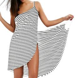 LumiSyne Strandkleider Damen Bikini Cover Ups Mode Streifen Badeanzüge Ärmellos Wickelkleid Sexy V Ausschnitt Strandponcho Pareos Lose Stil Strandrock,Schmale Fransen Weiß,4XL von LumiSyne