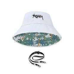 LumiSyne Unisex Wendbarer Fischerhut Einfarbig Mit Buchstaben Stickerei/Hawaii Stil Druck Doppelseitig Baumwolle Eimerhut Mit Abnehmbare Kinnband Faltbar Bucket Hat Sonnenhut Für Sommer Strand Reise von LumiSyne