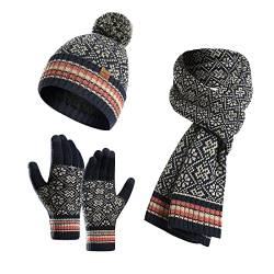 LumiSyne Winter 3 In 1 Mütze Schal Handschuh Sets Für Damen Beanie Strickmütze Langer Schal Touchscreen Handschuhe Jacquard Stricken Schneemuster Weicher Warme Dicke Futter von LumiSyne