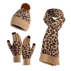 LumiSyne Winter 3 In 1 Mütze Schal Handschuh Sets Für Damen Beanie Strickmütze Langer Schal Touchscreen Handschuhe Leopard Stricken Mit Pompon Bommel Weicher Warme Dicke Futter von LumiSyne