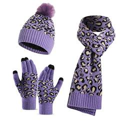 LumiSyne Winter 3 In 1 Mütze Schal Handschuh Sets Für Damen Beanie Strickmütze Langer Schal Touchscreen Handschuhe Leopard Stricken Mit Pompon Bommel Weicher Warme Dicke Futter von LumiSyne