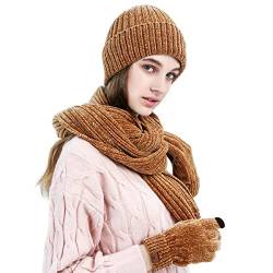 LumiSyne Winter 3 In 1 Mütze Schal Handschuh Sets Für Herren Damen Exquisite Jacquard Einfarbig Schal Beanie Strickmütze Touchscreen Handschuhe Fortschrittlicher Weicher Chenille Stoff von LumiSyne