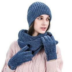 LumiSyne Winter 3 In 1 Mütze Schal Handschuh Sets Für Herren Damen Exquisite Jacquard Einfarbig Schal Beanie Strickmütze Touchscreen Handschuhe Fortschrittlicher Weicher Chenille Stoff von LumiSyne