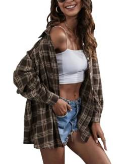 Lumister Damen Casual Oversized Plaid Shirt Langarm Button Down Hemd Bluse Tops, coffee, Klein von Lumister