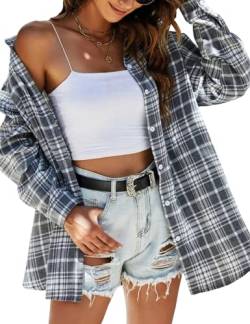 Lumister Damen Casual Oversized Plaid Shirt Langarm Button Down Hemd Bluse Tops, grau, Klein von Lumister