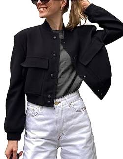 Lumister Damen Mode Cropped Button Down Leichte Cropped Bomberjacke Varsity Shacket mit Seitentaschen, Schwarz, L von Lumister
