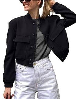 Lumister Damen Mode Cropped Button Down Leichte Cropped Bomberjacke Varsity Shacket mit Seitentaschen, Schwarz, M von Lumister