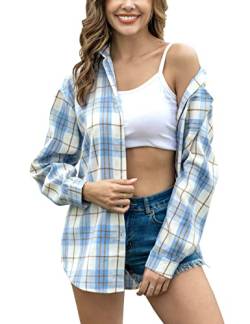 Lumister Übergroßes Flanellhemd Damen Langarm Plaid Button Down Büffelhemd Bluse Tops mit einer Tasche, Hellblau, Mittel von Lumister