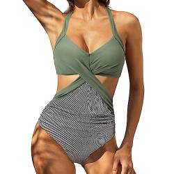 Luojida Bademode für Damen, figurbetonend, Bikini, Strand, Sommer, sexy V-Ausschnitt, Push-Up auf der Vorderseite, Slim Ruched mit Bauchkontrolle, Badeanzüge für Damen, kurvig, Gestreift, XL von Luojida