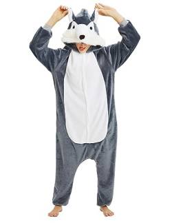 Luojida Karneval Halloween Kostüm oder Pyjama Tiere Cosplay Party Overall OnePiece Geburtstagsgeschenk für Erwachsene Teenager Jungen, Grauer Wolf, XS von Luojida