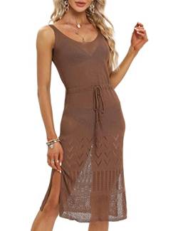 Strandkleid, gehäkelt, für Damen, Badeanzug, Damen, Strand, sexy, rückenfrei, Slit Kleid, Damen, mittellang, durchbrochen, Bikini-Abdeckung, braun, L von Luojida