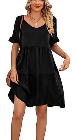 Luotelk Damen Freizeitkleid Kurzarm V-Ausschnitt Midi Kleid Rüschen Ärmel Elastische Taille A-Linie Sommerkleid mit Taschen(2XL) von Luotelk