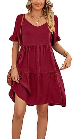 Luotelk Damen Freizeitkleid Kurzarm V-Ausschnitt Midi Kleid Rüschen Ärmel Elastische Taille A-Linie Sommerkleid mit Taschen(L) von Luotelk