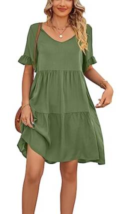 Luotelk Damen Freizeitkleid Kurzarm V-Ausschnitt Midi Kleid Rüschen Ärmel Elastische Taille A-Linie Sommerkleid mit Taschen(M) von Luotelk