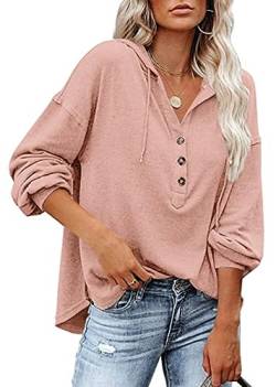 Luotelk Kapuzenpullover Damen Knopfleiste Leichter Pullover V Ausschnitt Casual Sweatshirt mit Kapuze Kordelzug Oberteil(L) von Luotelk