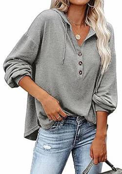 Luotelk Kapuzenpullover Damen Knopfleiste Leichter Pullover V Ausschnitt Casual Sweatshirt mit Kapuze Kordelzug Oberteil(M) von Luotelk