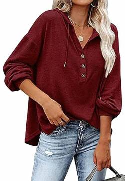 Luotelk Kapuzenpullover Damen Knopfleiste Leichter Pullover V Ausschnitt Casual Sweatshirt mit Kapuze Kordelzug Oberteil(M) von Luotelk