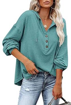 Luotelk Kapuzenpullover Damen Knopfleiste Leichter Pullover V Ausschnitt Casual Sweatshirt mit Kapuze Kordelzug Oberteil(M) von Luotelk